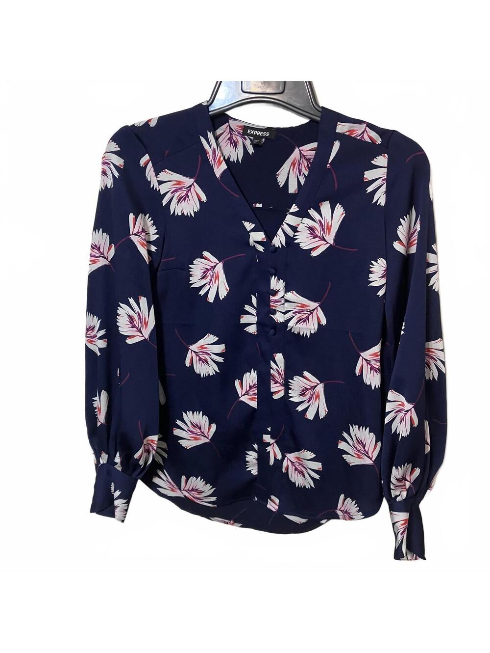 Express Navy Blue Floral Button-Up Lightweight Cottagecore Romantic Blouse XS